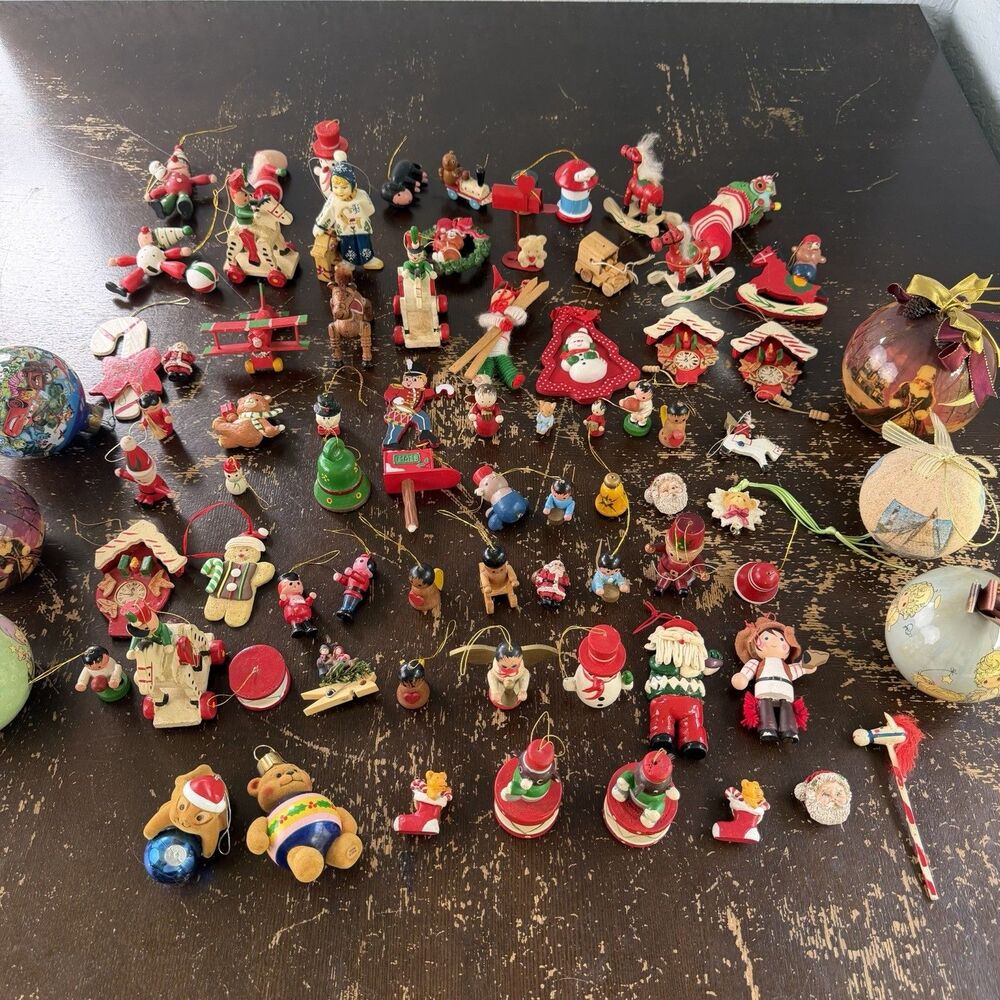 Vintage Christmas Ornaments Figurines Lot 80 Pieces Mostly Wooden Some Resin